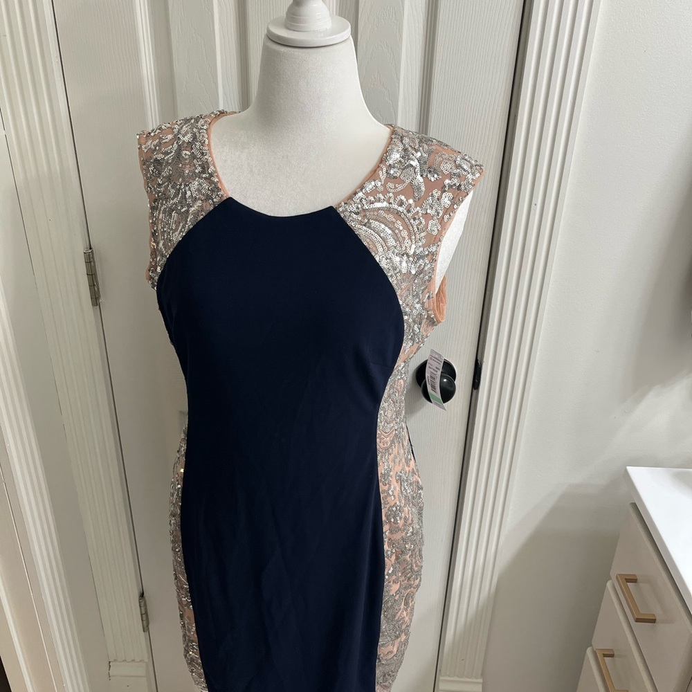 Elegant Navy and Silver Lace Dress